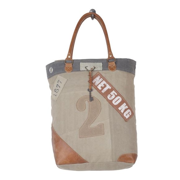 Myra Bag Handmade Quirky Tote Bag Upcycled Canvas & Cowhide Leather - Picture 4 of 7